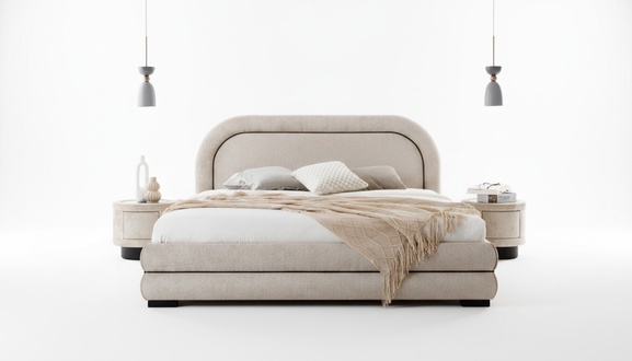 Schlafzimmer Garnitur Designer Beiges Doppelbett 2x Textil Nachttische