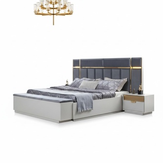 Schlafzimmer Komplett Polsterbett Bank Nachttische Edelstahl WeiÃ Blau 4tlg