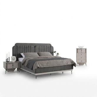 Schlafzimmer Modernes Set Graues Doppelbett 2x Design Nachttische 3tlg