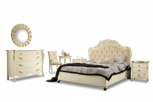 Schlafzimmer Set Beige Schlafzimmer Bett Nachttisch Kommode Spiegel Stuhl 6tlg.