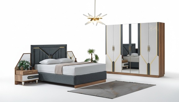 Schlafzimmer Set Bett + 2x Nachttische + Kleiderschrank Design 4 tlg.