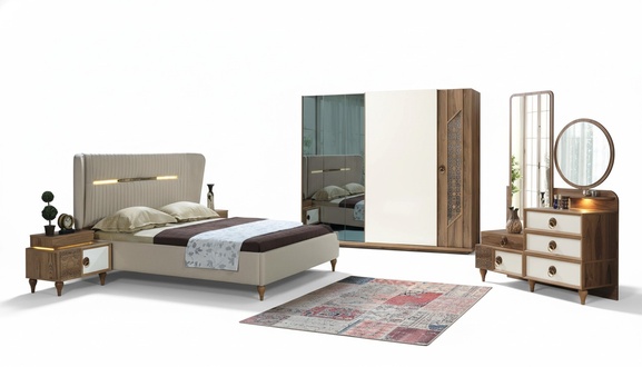 Schlafzimmer Set Bett 2Ñ Nachttische 5tlg Textil Holz Kleiderschrank