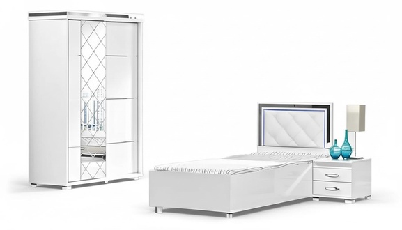 SchlafzimmermÃ¶bel Bett Nachttisch Kleiderschrank 3tlg WeiÃ Einzelbett