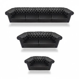 Schwarze Chesterfield Ledergarnitur Designer 4-Sitzer Zweisitzer Sessel