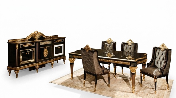Schwarze Klassische Esszimmergarnitur Esstisch 4x StÃ¼hle Vitrine 7tlg