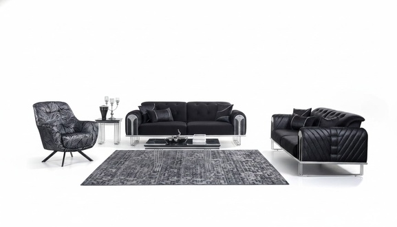 Schwarze Wohnzimmer Sofagarnitur 2x Dreisitzer Designer Polster Sessel