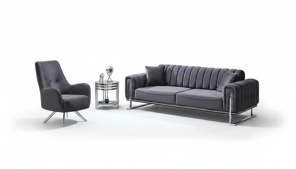 Sofa Set 3+1 Sitzer Wohnzimmer Luxus Chesterfield Grau Sofagarnitur