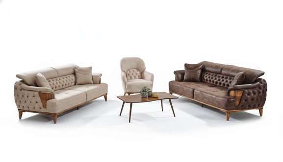 Sofagarnitur 3+3+1 Holz Wohnzimmer Luxus Sofa Chesterfield Komplett