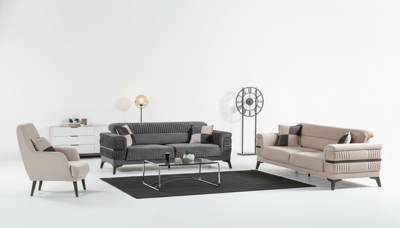 Sofagarnitur 3+3+1 Holz Wohnzimmer Luxus Sofa Modern Stoff Komplett