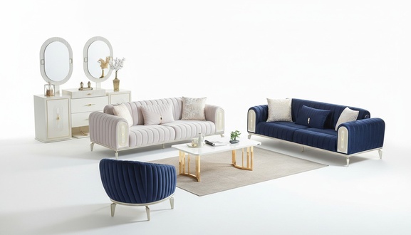 Sofagarnitur 3+3+1 Sitzer Wohnzimmer Set Komplett Sofa Sessel Blau