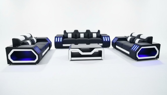 Sofagarnitur Beleuchtete Couch Set 3+2+2 + Tisch Ledersofa Sitz Design Polster