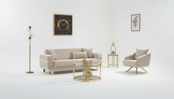 Sofagarnitur Dreisitzer Sofa Stoffsofa Polstersofa Beige Sessel 2tlg