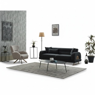 Sofagarnitur Polstersofa Dreisitzer Sessel Stoff Schwarz Sofa Set 2tlg