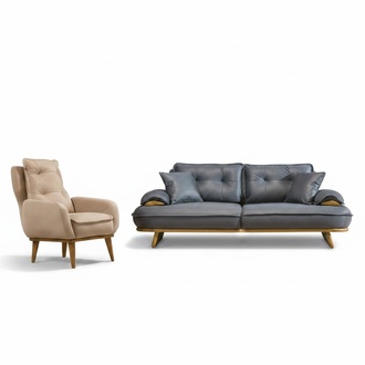 Stilvolle Grau-Beige Couchgarnitur Designer 3-Sitzer LuxuriÃ¶ser 1-Sitzer