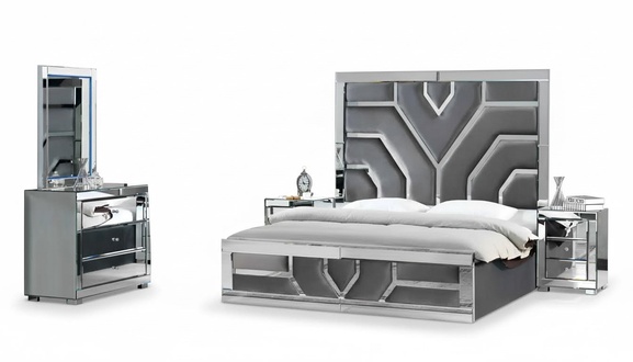 Stilvolle Graue Schlafzimmer Garnitur 2x Nachttische Textil Bett Kommode