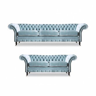 Stilvolle Hellblaue Chesterfield Designer Garnitur Dreisitzer 2-Sitzer