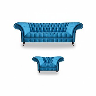 Stilvolle Hellblaue Chesterfield Garnitur Polstersessel 3-Sitzer 2tlg