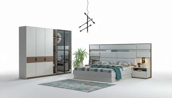 Weißes Schlafzimmer Set Doppelbett Nachttische Kleiderschrank 4tlg