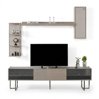 Wohnwand RTV Lowboard TV StÃ¤nder Schrank Holz Grau Regale Wohnzimmer