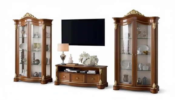 Wohnwand Vitrine Konsole Schrankwand Glasvitrinen Wohnzimmer Braun