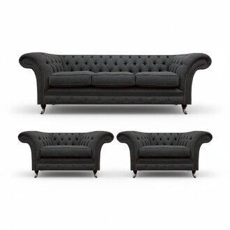 Wohnzimmer Chesterfield Couchen Schwarzer Dreisitzer 2x Sessel 3tlg Set