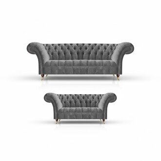 Wohnzimmer Graue Chesterfield Sofas Komplettes Set 3-Sitzer Zweisitzer