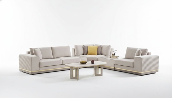 Wohnzimmer Hellbeiges Ecksofa L-Form Couch Modernes Textil Sofa MÃ¶bel