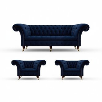 Wohnzimmer Set 3tlg Chesterfield Blau Luxus Dreisitzer Sofa 2x Sessel Neu