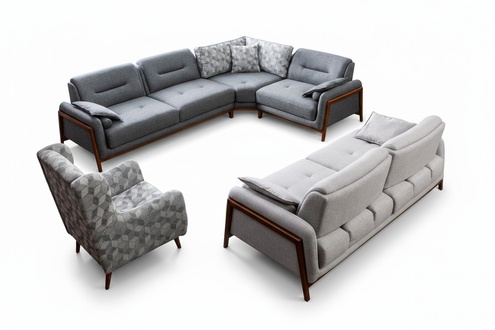 Wohnzimmer Set Ecksofa L-Form Couch Grau Polster 3 +1 Sitzer Textil