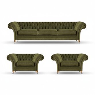 Wohnzimmer Sofagarnitur 3tlg GrÃ¼n Stoff Dreisitze Sofa 2x Sessel Chesterfield