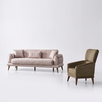 Wohnzimmer Sofagarnitur Sessel Luxus Couch Set Sofa 3 Sitzer Beige Sessel