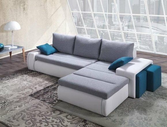 Ecksofa Wohnlandschaft Schlafsofa Sofa Bett Textil Stoff Sofa Grau WeiÃ
