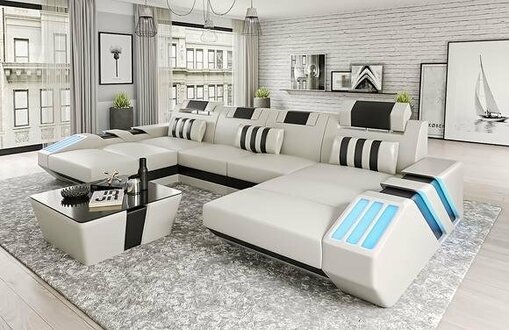 Wohnlandschaft Ledersofa Couch Polster Ecksofa Modern Beleuchtung Sofa WeiÃ XXL