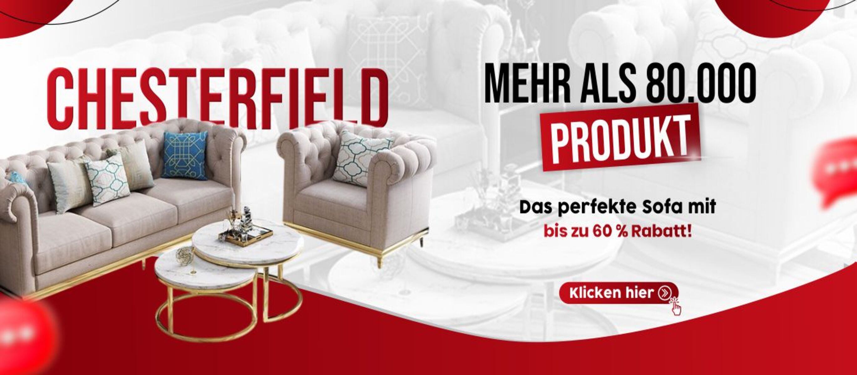 Beiges Chesterfield Sofa mit Knopfheftung auf rotem Werbebanner mit Rabattangebot